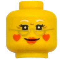 LEGO part Minifigure, Head Female White Eyebrows, Black Double Eyelashes, Gold Glasses, Red Lips and Hearts on Cheeks, Grin Pattern (BAM) 3626pb4019