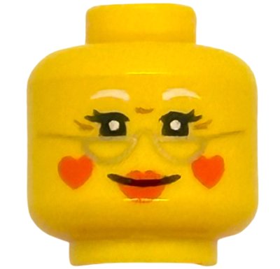 LEGO part Minifigure, Head Female White Eyebrows, Black Double Eyelashes, Gold Glasses, Red Lips and Hearts on Cheeks, Grin Pattern (BAM) (3626pb4019)