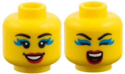 LEGO part Minifigure, Head Dual Sided Female, Black Eyebrows, Dark Azure Eyeshadow, Red Lips, Smile / Eyes Closed Singing Pattern (3626pb4060)