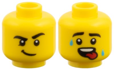 LEGO part Minifigure, Head Dual Sided, Black Eyebrows, Lopsided Smirk / Sweat Drops and Red Tongue Pattern (3626pb4061)