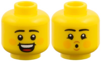 LEGO part Minifigure, Head Dual Sided, Black Eyebrows, Orange Cheeks, Open Smile / Pucker Pattern (3626pb4063)
