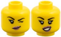 LEGO part Minifigure, Head Dual Sided Female, Black Eyebrows, Metallic Pink Lips, Lopsided Grin and Wink Left / Open Smile with Teeth Pattern 3626pb4065