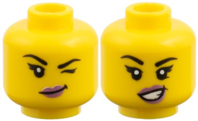 LEGO part Minifigure, Head Dual Sided Female, Black Eyebrows, Metallic Pink Lips, Lopsided Grin and Wink Left / Open Smile with Teeth Pattern (3626pb4065)