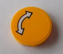 LEGO part Tile, Round 2 x 2 with Black Outlined White Curved Arrow Double on Yellow Background Pattern (Sticker) - Set 7939 (4150pb043)