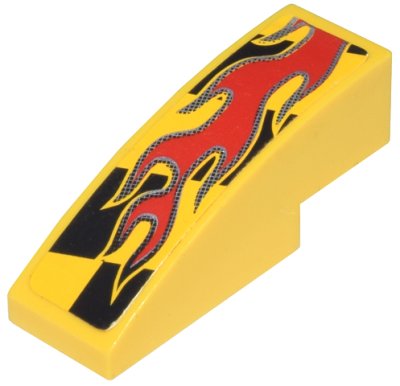 LEGO part Slope, Curved 3 x 1 with Red Flames on Black and Yellow Pattern Model Left Side (Sticker) - Set 8644 (50950pb027L)