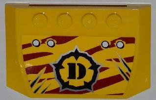 LEGO part Wedge 4 x 6 x 2/3 Triple Curved with 4 Rivets, Wide Claw Scratch Marks and Dino Logo on Dark Red Tiger Stripes Pattern (Sticker) - Set 5884 (52031pb043)