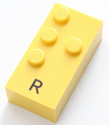 LEGO onderdeel Brick, Braille 2 x 4 with 4 Studs with Black Capital Letter R Pattern (dots-1235 ⠗) (60232pb01)