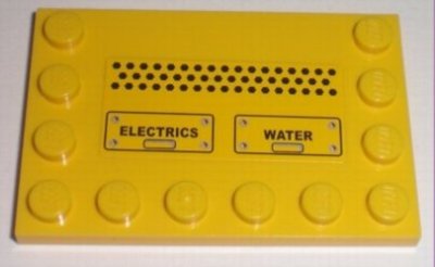 LEGO part Tile, Modified 4 x 6 with Studs on Edges with Black 'ELECTRICS' and 'WATER' Pattern (Sticker) - Set 7632 (6180pb023)