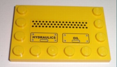 LEGO part Tile, Modified 4 x 6 with Studs on Edges with Black 'HYDRAULICS' and 'OIL' Pattern (Sticker) - Set 7632 (6180pb024)