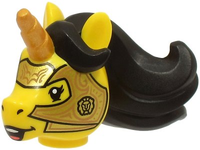 LEGO part Minifigure, Head, Modified Unicorn with Molded Black Mane and Printed Gold Horn and Armor with Copper Lines Pattern (BAM) (70751pb03)