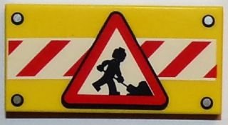 LEGO part Tile 2 x 4 with Road Sign Construction Worker on Red and White Danger Stripes Pattern (87079pb0222)