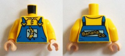 LEGO part Torso Overalls Blue with Running Banana and 'Banana Co.' on Reverse Pattern / Yellow Arms / Light Nougat Hands (973pb1870c01)