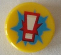 LEGO part Tile, Round 1 x 1 with White Exclamation Mark on Red and Dark Azure Starburst Explosion Pattern 98138pb068