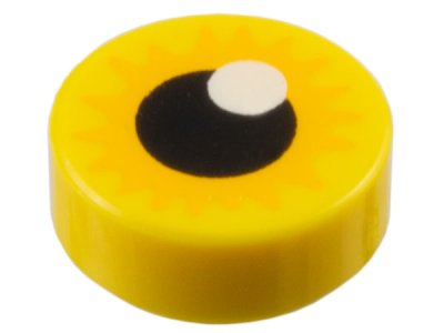 LEGO part Tile, Round 1 x 1 with Eye with Bright Light Orange Starburst Iris and Black Pupil with White Glint Pattern (98138pb437)