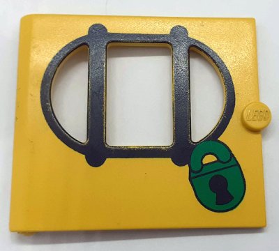 LEGO part Fabuland Door with Oval Pane in 3 Sections with Black Bars and Green Lock Pattern (fabak3pb03)