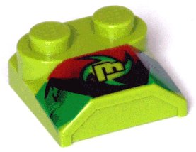 LEGO part Slope, Curved 2 x 2 x 2/3 with 2 Studs and Curved Sides, Lip End with 'M', Black/Red/Green Pattern (41855pb06)