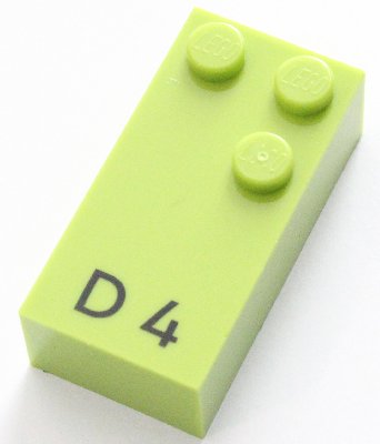 LEGO onderdeel Brick, Braille 2 x 4 with 3 Studs with Black Capital Letter D / Number 4 Pattern (dots-145 ⠙) (English) (60192pb01)