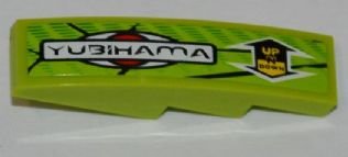 LEGO part Slope, Curved 4 x 1 with 'YUBIHAMA' and Double Arrow with 'UP N DOWN' Pattern Model Right Side (Sticker) - Set 8231 (61678pb031R)