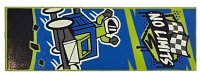 LEGO part Tile 2 x 6 with White 'NO LIMITS' on Black Banner, Dark Bluish Gray Checkered Flags and Soapbox Race Car with Driver on Blue Background Pattern 69729pb150