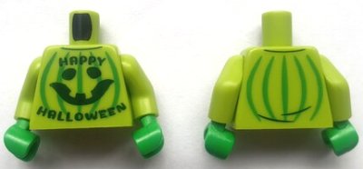 LEGO part Torso Sweater with Dark Green 'HAPPY HALLOWEEN' and Pumpkin Jack O' Lantern with Bright Green Stripes Pattern (BAM) / Lime Arms / Bright Green Hands (973pb5411c01)