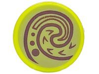 LEGO part Tile, Round 1 x 1 with Dark Brown Swirl / Wave on Olive Green Background Pattern 98138pb069