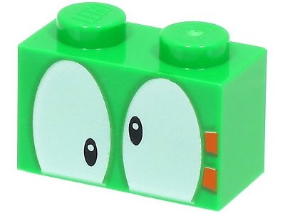 LEGO part Brick 1 x 2 with Black Eyes on White Background and 2 Orange Rectangles Pattern (Super Mario Lemmy Upper Face) (3004pb287)