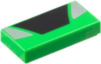 LEGO part Tile 1 x 2 with Black Trapezoid in Center and Silver Triangular Panels on Sides Pattern 3069pb1361