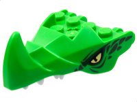 LEGO part Dragon Head (Ninjago) Jaw with Large Spike and 2 Bar Handles on Back with Yellow Eyes, Dark Green Scales, and White Teeth Pattern 76923pb02
