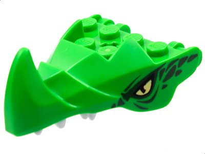 LEGO part Dragon Head (Ninjago) Jaw with Large Spike and 2 Bar Handles on Back with Yellow Eyes, Dark Green Scales, and White Teeth Pattern (76923pb02)