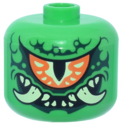 LEGO part Minifigure, Head, Modified Giant Orange Eye, Yellowish Green Fangs, Dark Green Skin Wrinkles Pattern (79435pb11)