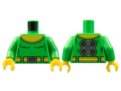 LEGO part Torso Super Hero Yellow Collar and Belt, Silver Buckle, Black Muscles Outline, Gear on Back Pattern (Dr. Octopus) / Bright Green Arms / Yellow Hands (973pb2481c01)