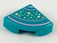 LEGO part Tile, Round 1 x 1 Quarter with Bright Light Yellow Spots, Bright Pink and Metallic Light Blue Lines Pattern 25269pb006