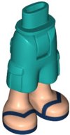 LEGO part Mini Puppen Hüfte und Hose gekürzt große Taschen, helle Nougatbeine und dunkelblau Sandalen mit V-förmigem Riemen Muster - dickes Scharnier (25727c00pb06)