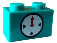 LEGO part Stein 1 x 2 mit Timer schwarzer Kreis und Indikatoren mit roter Hand auf weißem Hintergrund Muster 3004pb254