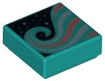 LEGO part Loseta 1 x 1 con patrón de remolino azul claro metálico y coral sobre fondo negro 3070pb136