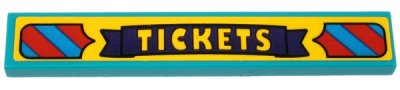 LEGO part Tile 1 x 6 with Bright Light Orange 'TICKETS' on Dark Purple Banner and Red and Dark Azure Stripes Pattern (Sticker) - Set 70432 (6636pb212)