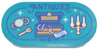 LEGO part Tile, Round 2 x 4 Oval with Gold Treasure Chest, Watch, Fork, and Candelabra, White Sparkles and 'STORE' Banner and Dark Purple 'ANTIQUES' Pattern 66857pb056