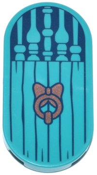 LEGO part Tile, Round 2 x 4 Oval with Door with Spindles, Dark Blue Wood Grain and Copper Knocker Pattern 66857pb086