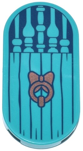 LEGO part Tile, Round 2 x 4 Oval with Door with Spindles, Dark Blue Wood Grain and Copper Knocker Pattern (66857pb086)