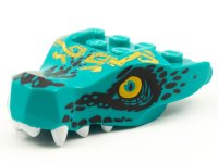 LEGO part Dragon Head (Ninjago) Jaw with 2 Bar Handles on Back with Bright Light Orange Eyes, Gold Tribal Tattoos, Black Scales, and White Teeth Pattern 72362pb01