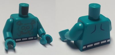 LEGO part Torso Trolls Flat Silver Skull with Metallic Silver Belt Pattern / Dark Turquoise Arms / Dark Turquoise Hands (973pb3885c01)