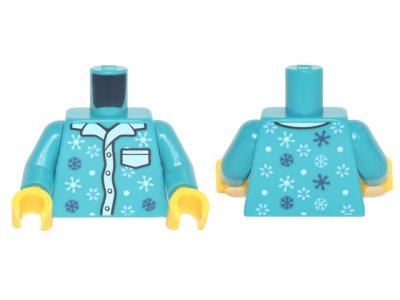 LEGO part Torso Pajamas 4 Buttons, White Collar and Pocket, Snowflakes Pattern / Dark Turquoise Arms / Yellow Hands (973pb4488c01)