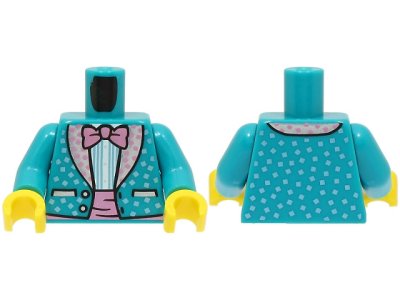 LEGO part Torso Jacket with Metallic Light Blue Squares and Silver Lapels, White Shirt, Metallic Pink Bow Tie Pattern (BAM) / Dark Turquoise Arms / Yellow Hands (973pb5059c01)