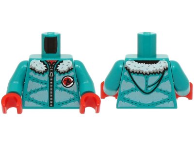 LEGO part Torso Winter Jacket Padded with Hood, Metallic Light Blue Panels, Zipper and White Fur Lining Pattern (BAM) / Dark Turquoise Arms / Red Hands (973pb5550c01)