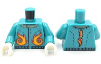 LEGO onderdeel Torso Jacket with Black Stitching, Yellow, Orange and Red Flames, Number 1 on Back Pattern (BAM) / Dark Turquoise Arms / White Hands 973pb6576c01