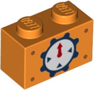 LEGO part Brick 1 x 2 with Red Pointer, Dark Blue Cog and Triangles Pattern 3004pb229