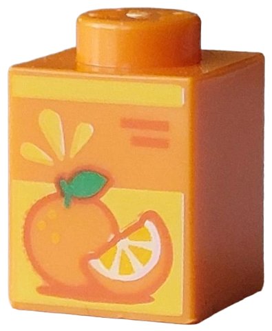 LEGO part Brick 1 x 1 with Bar, Red Lines, Fruit Slice and Orange with Green Leaf on Yellow Background Pattern (Juice Carton) (3005pb074)