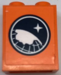LEGO part Stein 1 x 2 x 2 mit Innenstift-Halter mit Arctic Explorer Logo auf orangefarbenem Hintergrund Muster (Aufkleber) - Set 60062 3245cpb191
