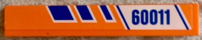 LEGO part Tile 1 x 6 with Blue Stripes and '60011' on White and Orange Background Pattern Model Left Side (Sticker) - Set 60011 (6636pb080L)