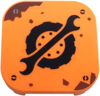 LEGO part Tile, Modified 4 x 4 with Rounded Corners and 4 Feet with Black Spanner Wrench and Wheel with Tire Logo, Reddish Brown Rust Stains, Screw Heads Pattern 68869pb016